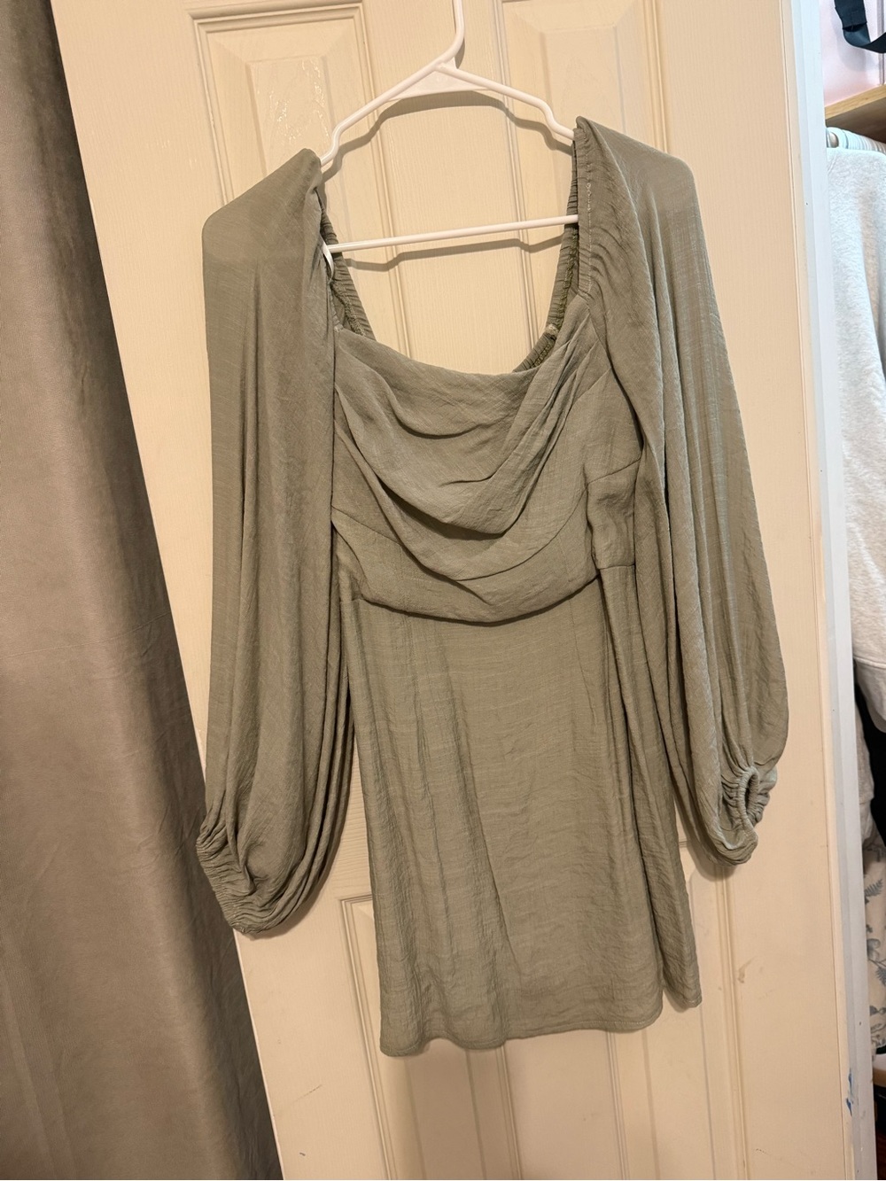 Light Sage Draped Neck Long-Sleeve Women's Dress